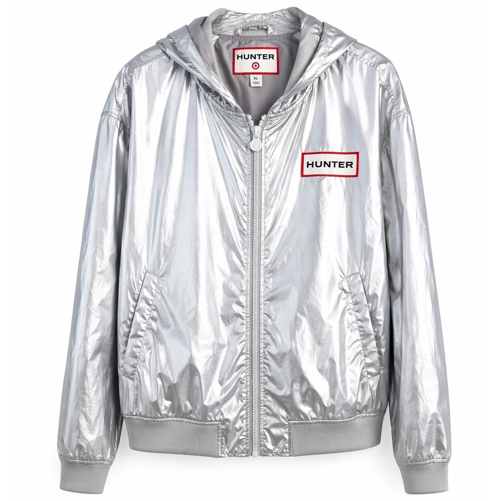Hunter Target Silver Metallic Rain Jacket Womens XL Hooded Windbreaker